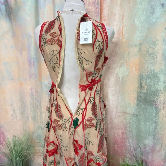 πSimgent Mesh Dress Embroidery Flower Elegant Festive Lace Dress - Picture 9 of 16